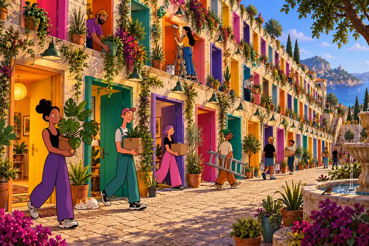 Facciata con decine di porte colorate, persone che entrano portando scatole e piante