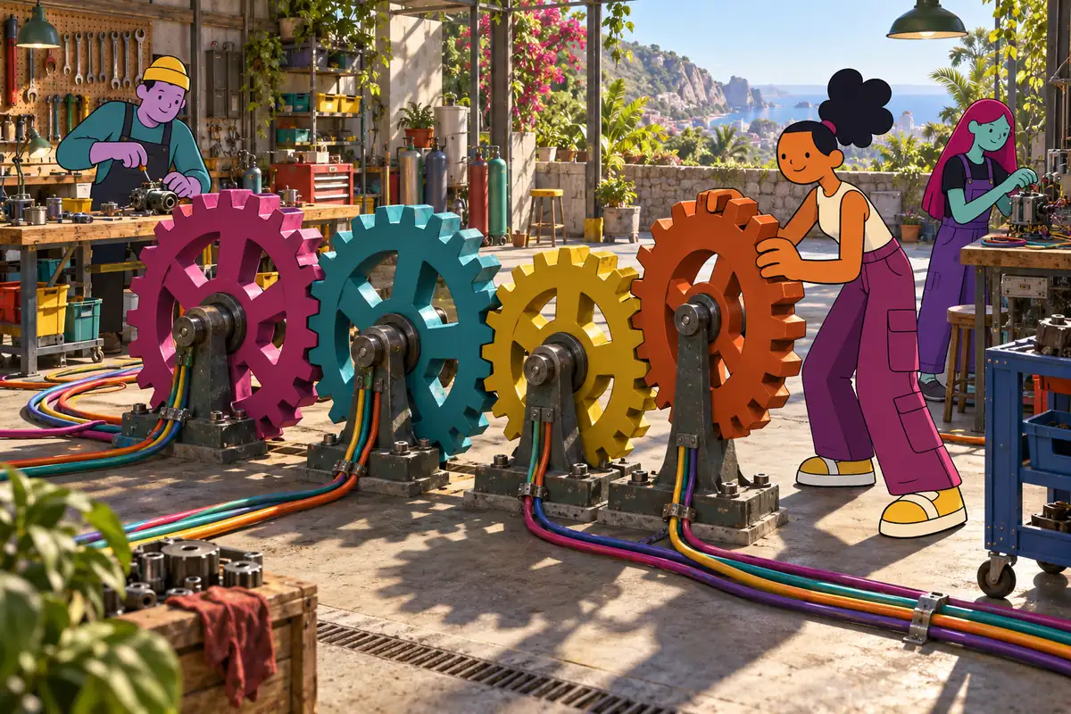 Officina con quattro ingranaggi colorati collegati fra loro da cavi, tre persone al lavoro
