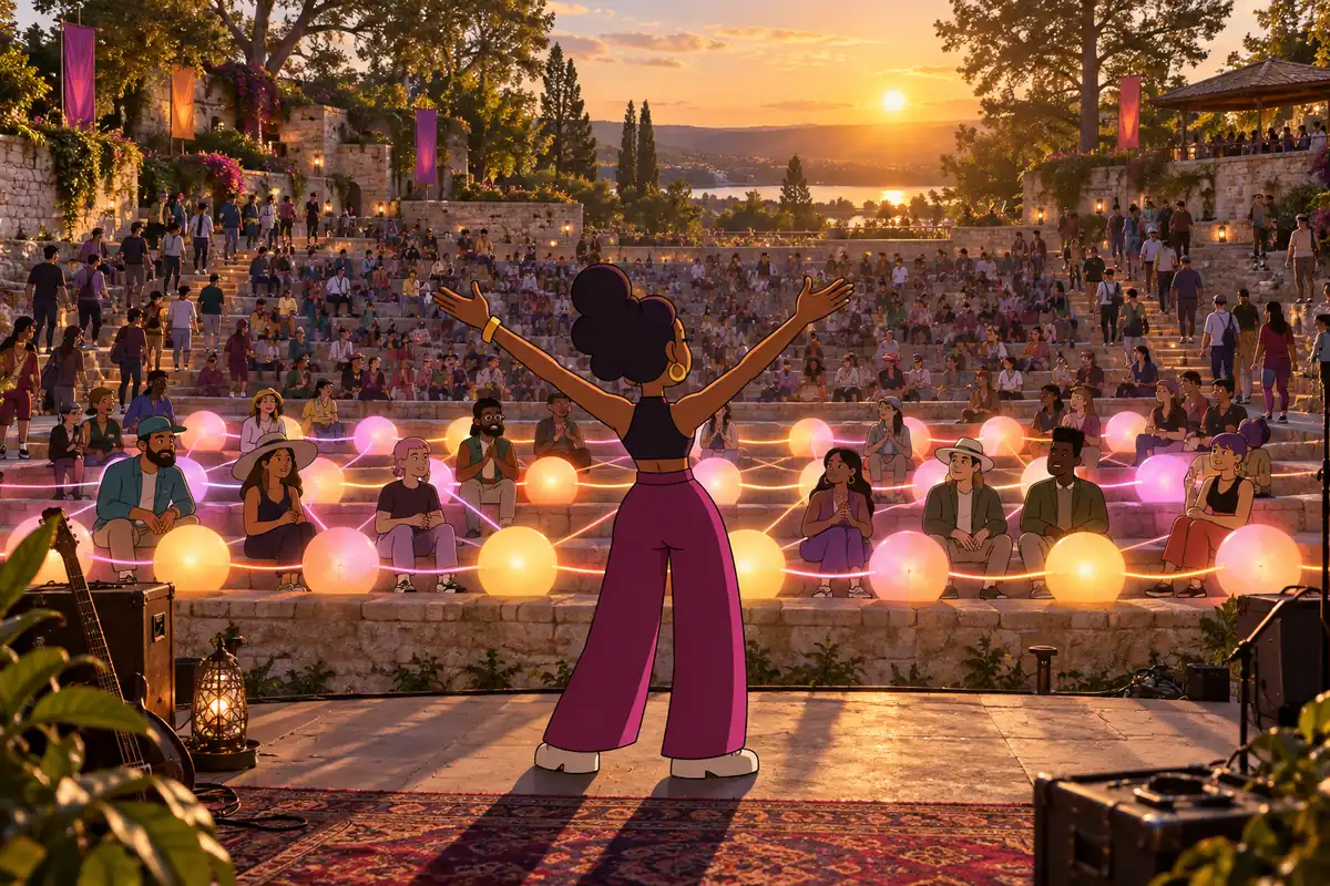 Anfiteatro all'aperto al tramonto con gli spalti che si riempiono, sfere luminose collegate nelle prime file, una figura sul palco a braccia aperte